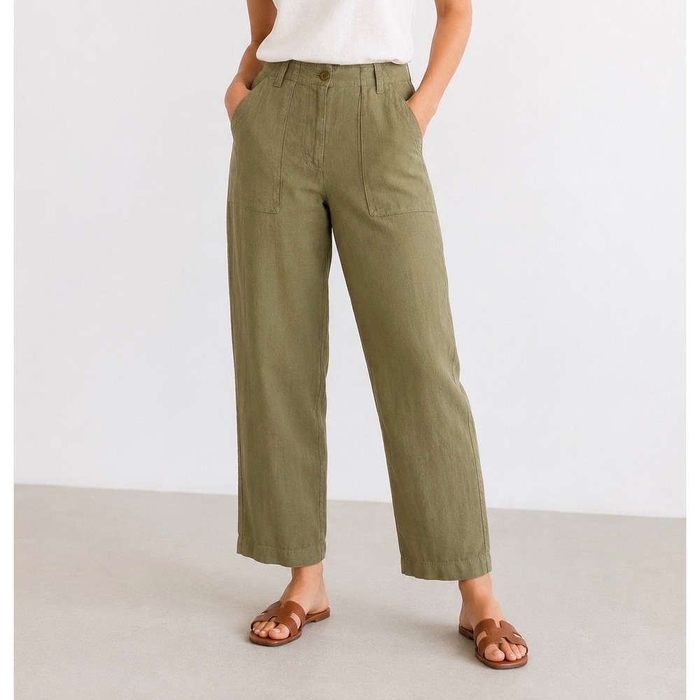 J.Crew Utility Pants Women 8 Tall Olive Green Linen Blend Straight Leg High Rise